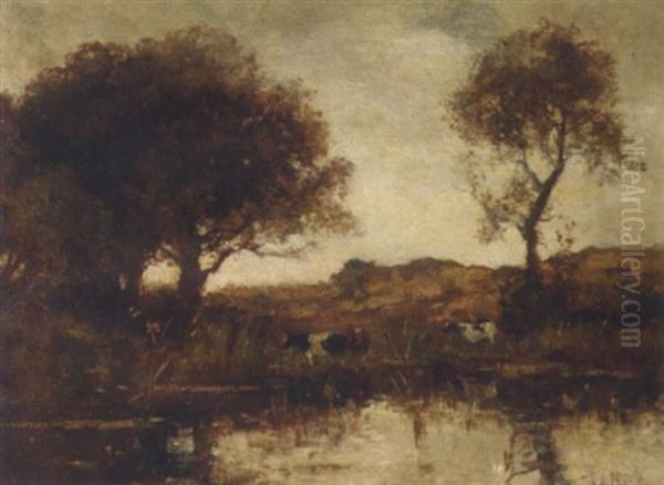 Watering Cows By A Tree-lined Pond Oil Painting by Theophile Emile Achille De Bock