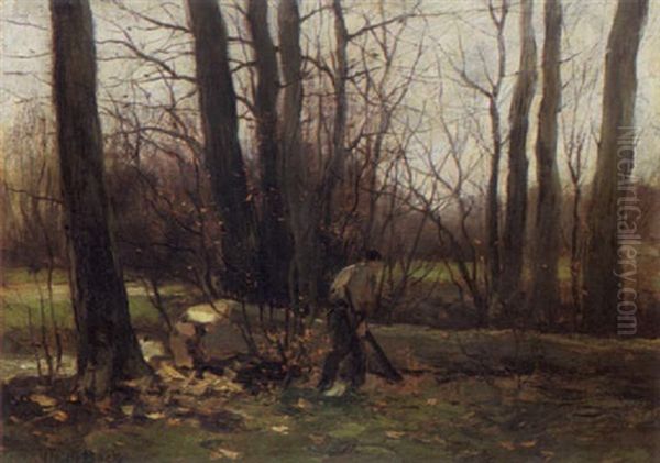 Woodcutter Oil Painting by Theophile Emile Achille De Bock