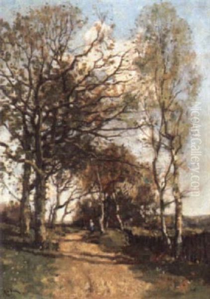Figure On A Country Lane Oil Painting by Theophile Emile Achille De Bock