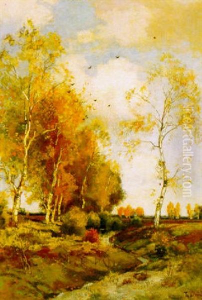 Birches Along A Meandering Brook Oil Painting by Theophile Emile Achille De Bock
