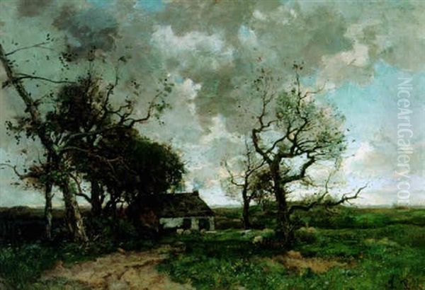 A Farm In A Landscape Oil Painting by Theophile Emile Achille De Bock