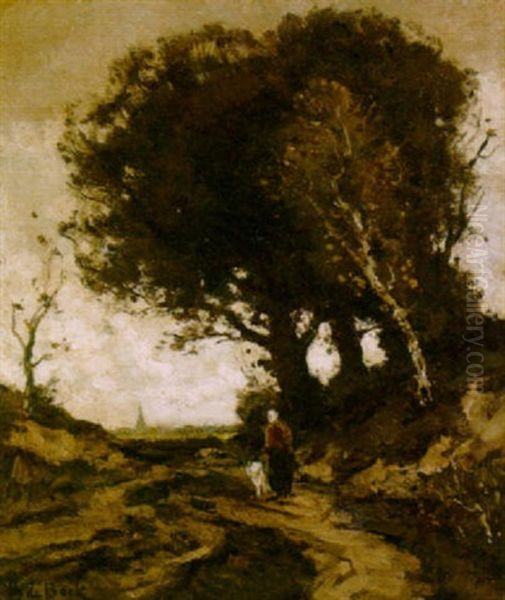 A Woman On A Path Oil Painting by Theophile Emile Achille De Bock