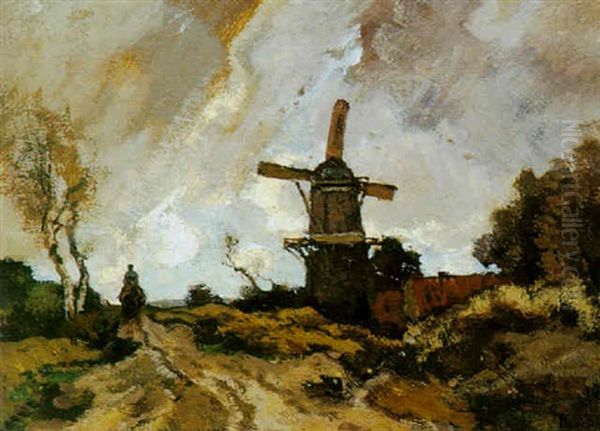 A Horseman By A Mill, The Veluwe Oil Painting by Theophile Emile Achille De Bock