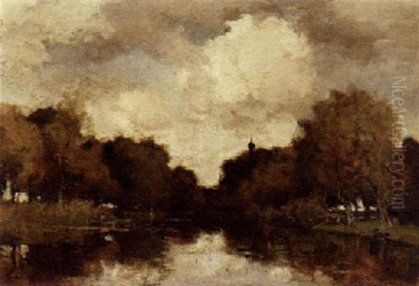 A Wooded River Landscape Oil Painting by Theophile Emile Achille De Bock