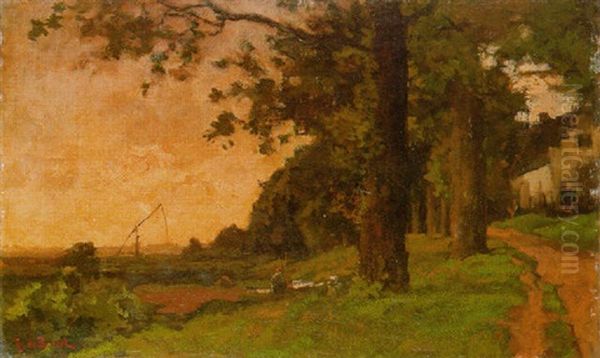 A Peasant In A Meadow At The Edge Of A Wood, A Farm Beyond Oil Painting by Theophile Emile Achille De Bock
