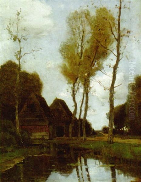 A Wooded Stream With Cottages Oil Painting by Theophile Emile Achille De Bock