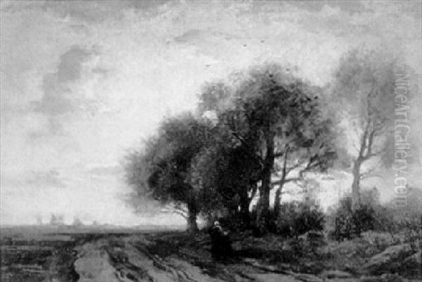 Figures On A Road At Twilight Oil Painting by Theophile Emile Achille De Bock