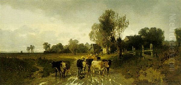 Cows In A Landscape Oil Painting by Theophile Emile Achille De Bock