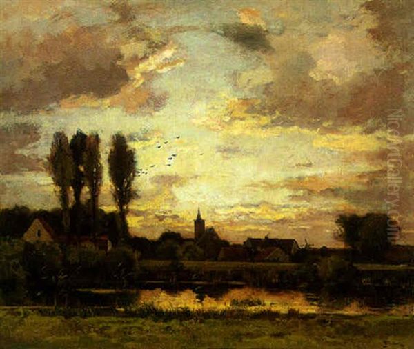 A River Landscape With Village At Sunset Oil Painting by Theophile Emile Achille De Bock