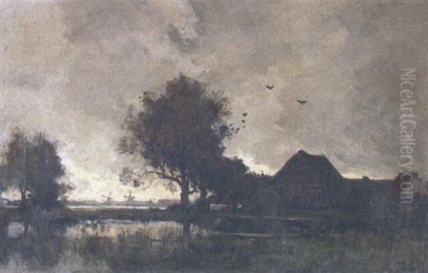 Windmills In Polder Landscape And Cattle By Farm Oil Painting by Theophile Emile Achille De Bock