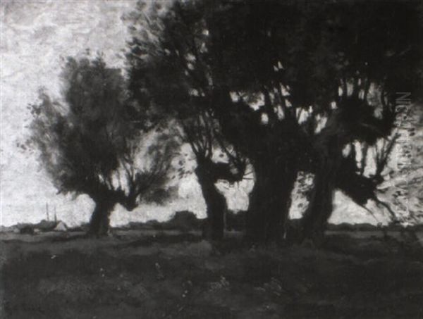 4 Kopfweiden Auf Wiese Oil Painting by Theophile Emile Achille De Bock