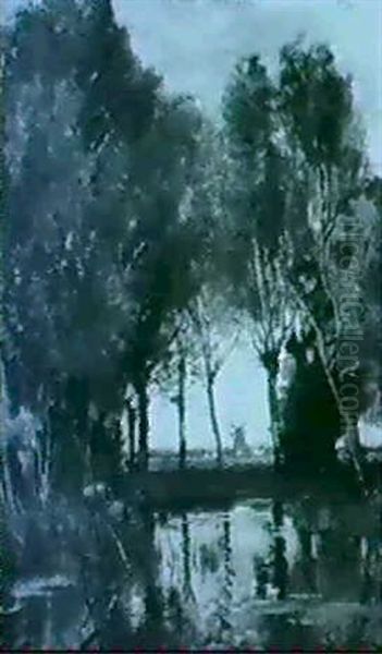 A Wooded River Landscape Oil Painting by Theophile Emile Achille De Bock