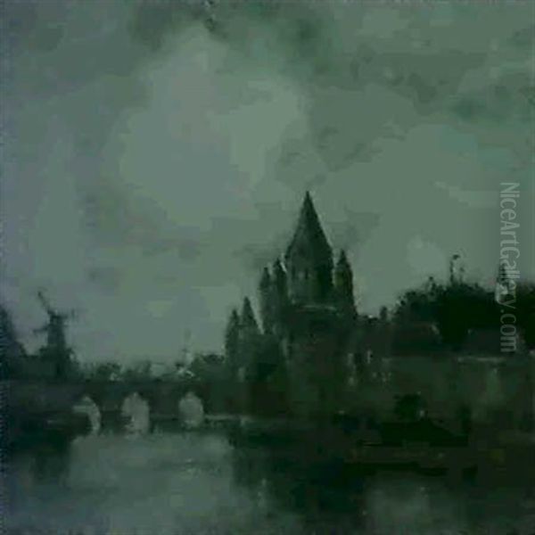 A Riverside Town Oil Painting by Theophile Emile Achille De Bock