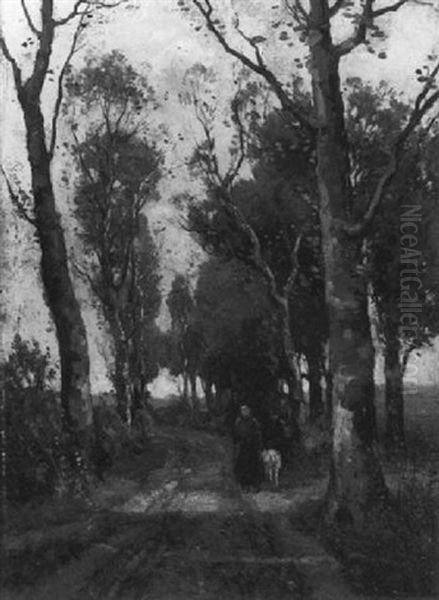 A Peasant Woman And A Goat On A Country Road With Birches Oil Painting by Theophile Emile Achille De Bock
