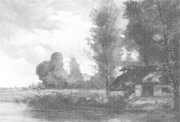Landscape With Thatched Cottage Oil Painting by Theophile Emile Achille De Bock