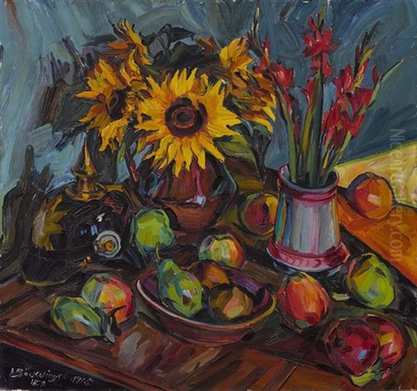 Blumenstillleben Mit Sonnenblumen, Gladiolen Und Pickelhelm Oil Painting by Peter August Boeckstiegel