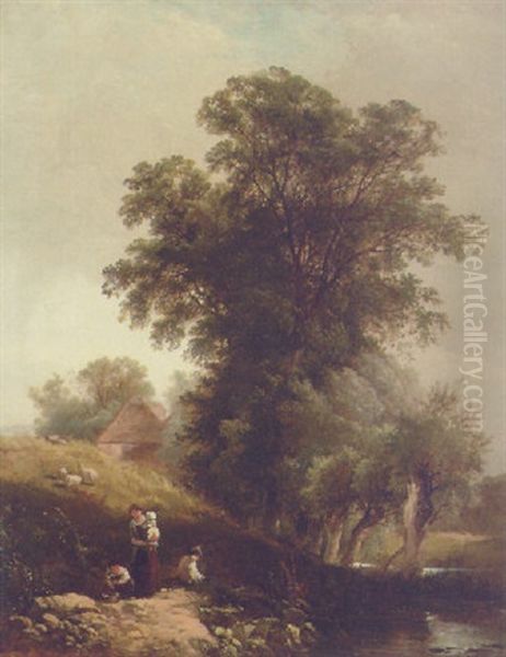 Children Resting In A Wooded River Landscape, A Cottage Beyond Oil Painting by Edwin Henry Boddington