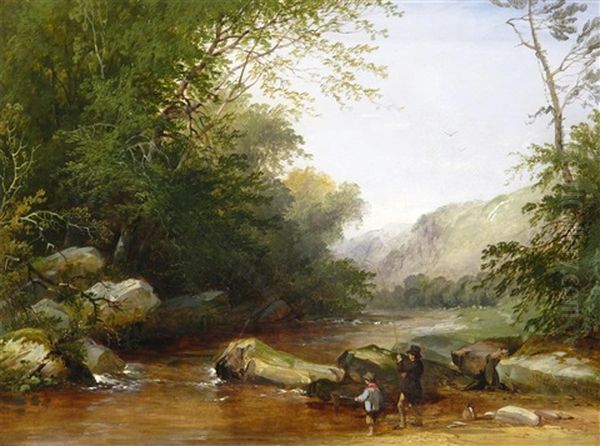 Anglers On A River; Gypsy Encampment (2 Works) Oil Painting by Henry John Boddington