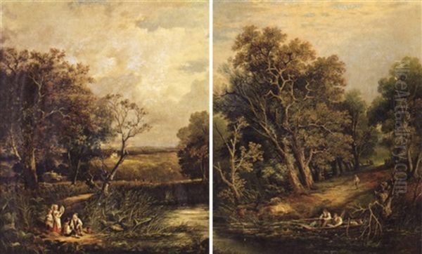 Figures Fishing By A Stream Oil Painting by Henry John Boddington