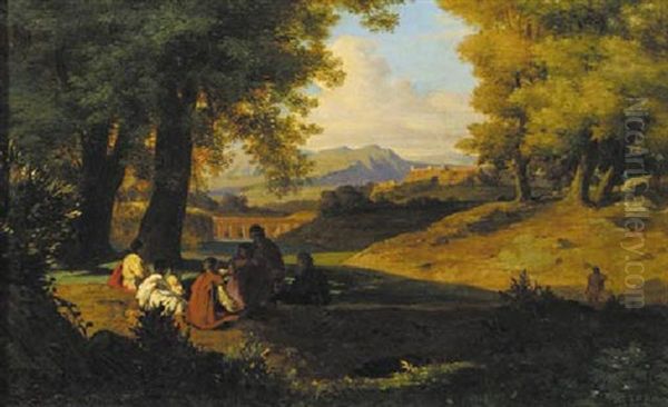 An Italianate Panoramic Landscape With Figures Sitting Under A Tree Oil Painting by Guillaume Bodinier