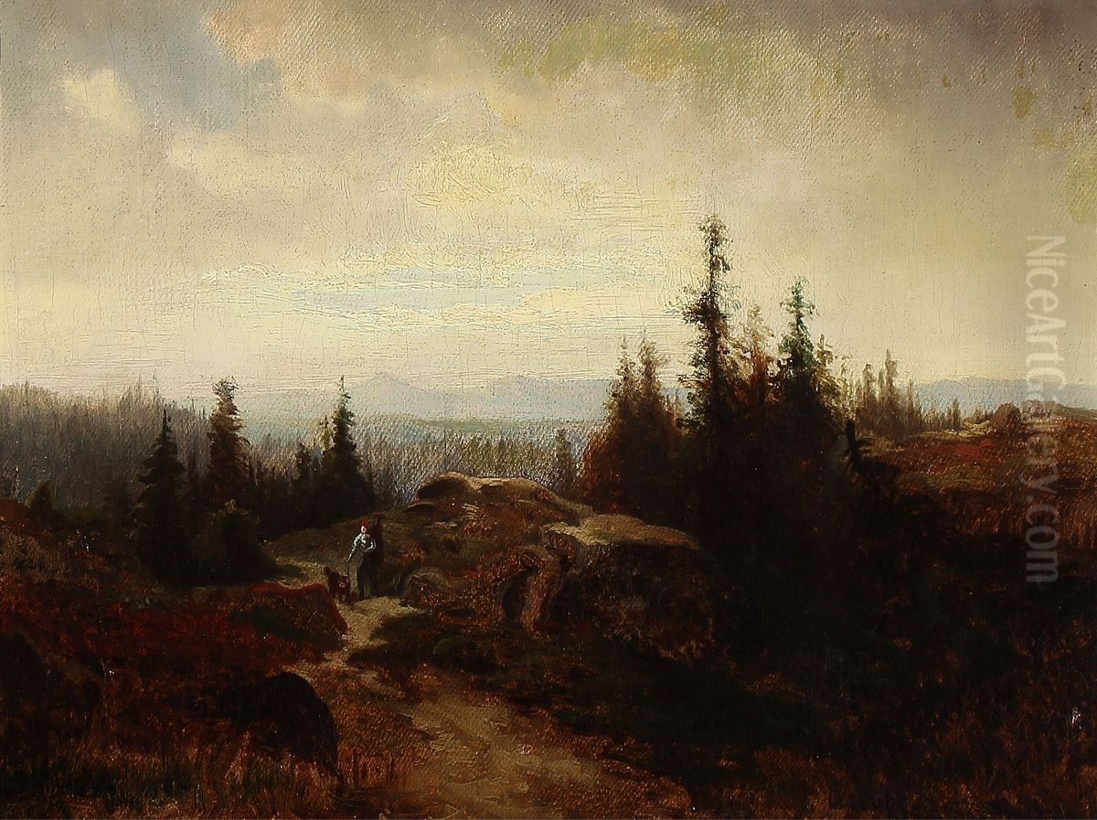 Norwegian Mountain Landscape With A Wanderer Oil Painting by Erik Bodom