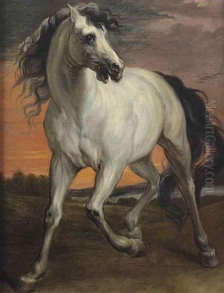 A Grey Stallion In A Landscape Oil Painting by Jan Boeckhorst