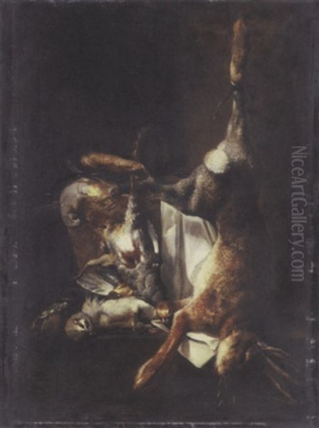 A Hare Suspended From A Nail With Partridges And Other Birds In A Basket On A Stone Ledge Oil Painting by Pieter Boel