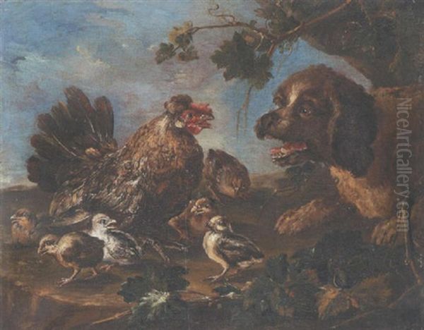 Hund Bedroht Eine Henne Mit Ihren Kulken Oil Painting by Pieter Boel