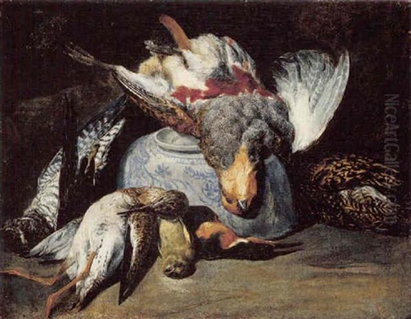 Still Life Of A Partridge, Hawk, Snipe, Goldfinch And Kingfisher, Together With An Upturned Porcelain Bowl Oil Painting by Pieter Boel