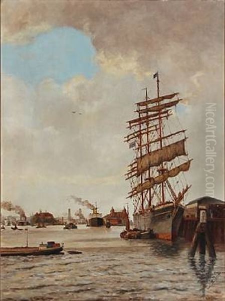 European Harbour Scape Oil Painting by Jan De Boer
