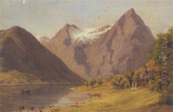Hytter Ved En So I Alperne Oil Painting by August Wilhelm Boesen