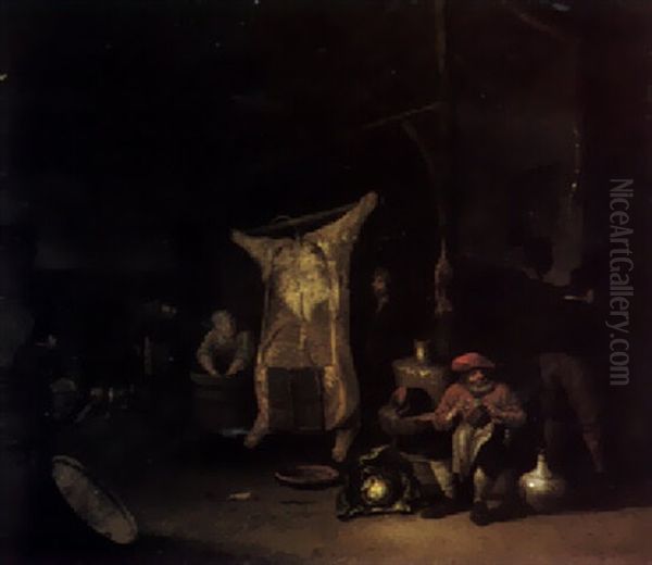 A Kitchen Interior With Peasants And A Hung Carcass Oil Painting by Hendrik Hendricksz Bogaert