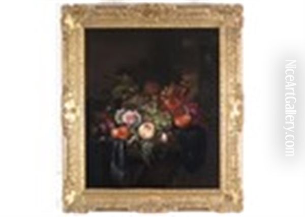 Still Life Of Grapes, Peaches, Pomegranate And Flowers On A Stone Plinth In A Landscape With A Butterfly Oil Painting by Jakob Bogdani