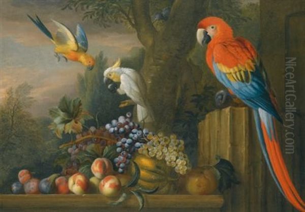 A Still Life With Fruit, Parrots And A Cockatoo Oil Painting by Jakob Bogdani