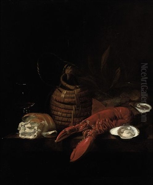 A Lobster, Oysters, A Bread Roll, A Wine Glass And A Glass Jug On A Ledge Oil Painting by Jakob Bogdani