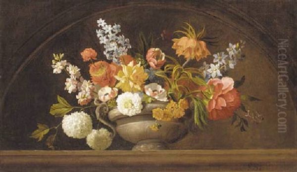 Poppies, Roses, Lilac, Chrysanthemums, Lilies, Gentians, Sage, Hydrangea And Other Flowers In A Stone Urn On A Marble Ledge Oil Painting by Jakob Bogdani
