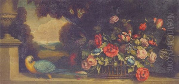 A Basket Of Flowers And A Macaw On A Wall By An Urn, A Landscape Beyond Oil Painting by Jakob Bogdani