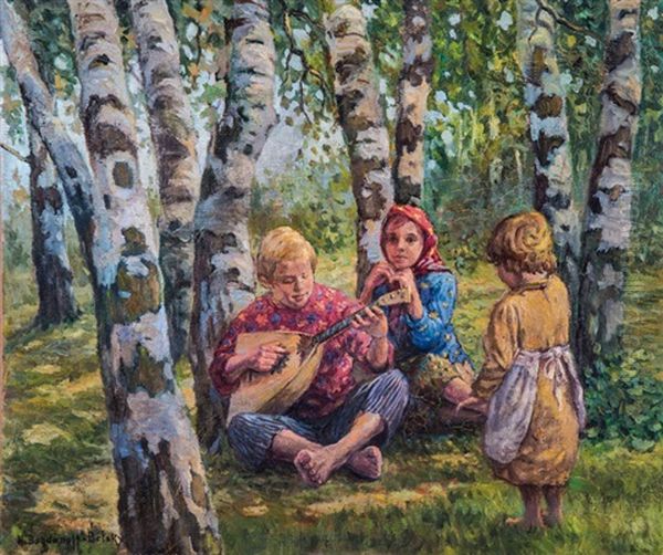 Summer Day With A Boy Playing Balalaika For The Girls Oil Painting by Nikolai Petrovich Bogdanov-Bel'sky
