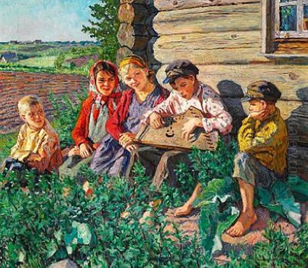 Summer Day With A Boy Playing Citar For The Girls Outside A Barn Oil Painting by Nikolai Petrovich Bogdanov-Bel'sky