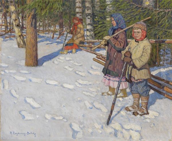 Children In A Wintry Forest Oil Painting by Nikolai Petrovich Bogdanov-Bel'sky