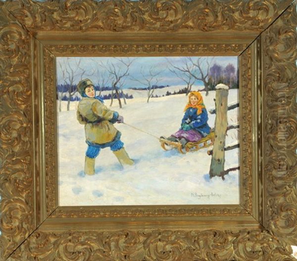 Kinder Mit Schlitten In Verschneiter Landschaft Oil Painting by Nikolai Petrovich Bogdanov-Bel'sky