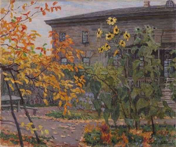 Sunflowers In The Garden Oil Painting by Nikolai Petrovich Bogdanov-Bel'sky
