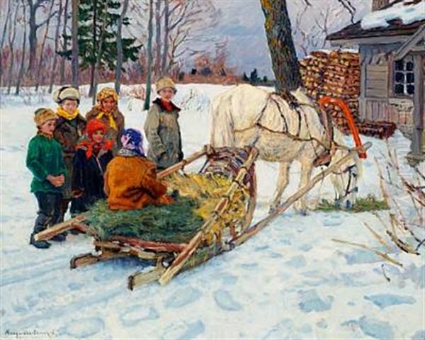 Winter View With Children By A Sledge Oil Painting by Nikolai Petrovich Bogdanov-Bel'sky