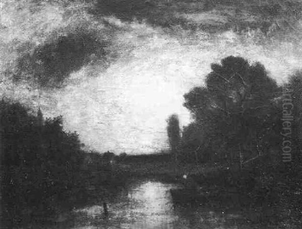 View Of Figure On A Pond At Sunset Oil Painting by George Henry Bogert