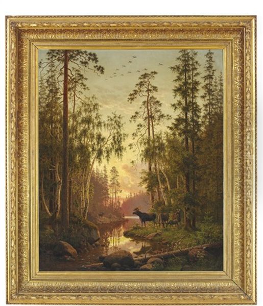 Forest Scene With Elks Oil Painting by Carl Henrik Bogh