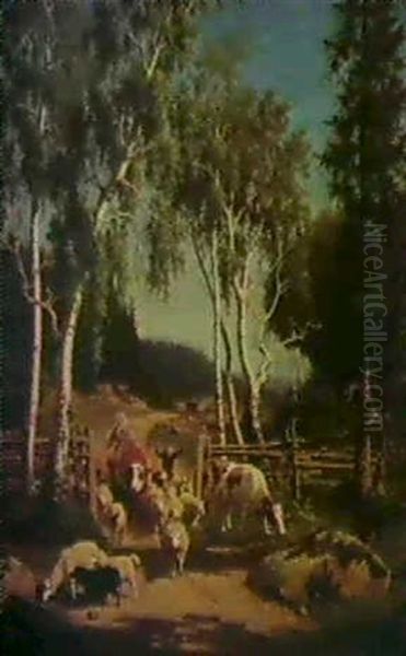 Landskab Med Koer Og Far Der Ledes Gennem Et Led, Smaland Oil Painting by Carl Henrik Bogh