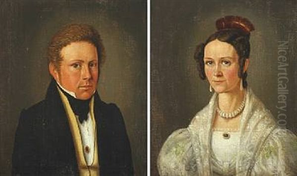 A Pair Of Portaits Of Estate Manager Peter Hansen And Mrs. Erasmine Hansen Born Rothhausen (pair) Oil Painting by Ole Mathiasen Bogh
