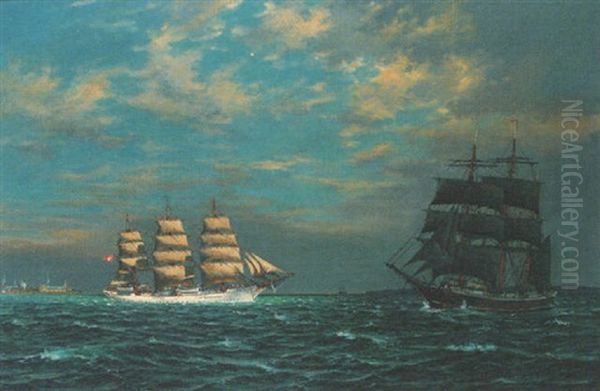 A Danish Training Ship Under Full Sail Off Kronberg Castle Oil Painting by Christian Bogo
