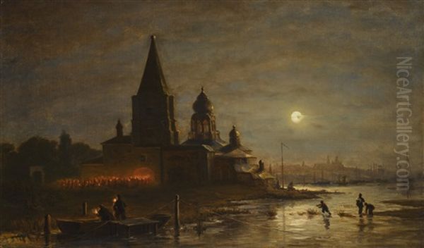 Night Procession In Yaroslavl Oil Painting by Alexei Petrovitch Bogoliubov