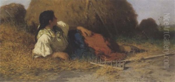 Rast Bei Feldarbeit Oil Painting by Pal (Paul) Boehm